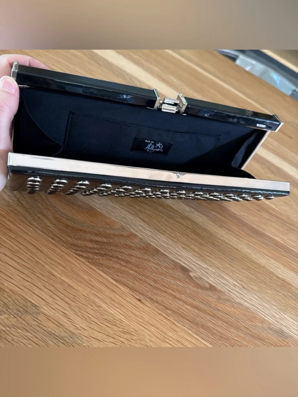 Black Patent Y2K Grunge Semi Rigid Clutch Rhinestones Studded Silver Clasp